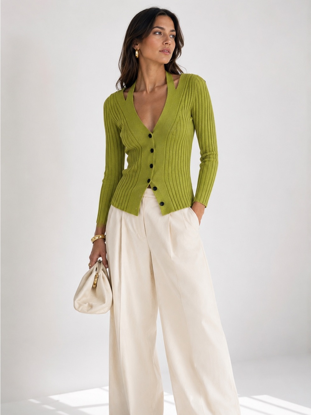 Proenza Schouler White Label Chartreuse Ribbed Halter Cardigan Sweater Sz Small